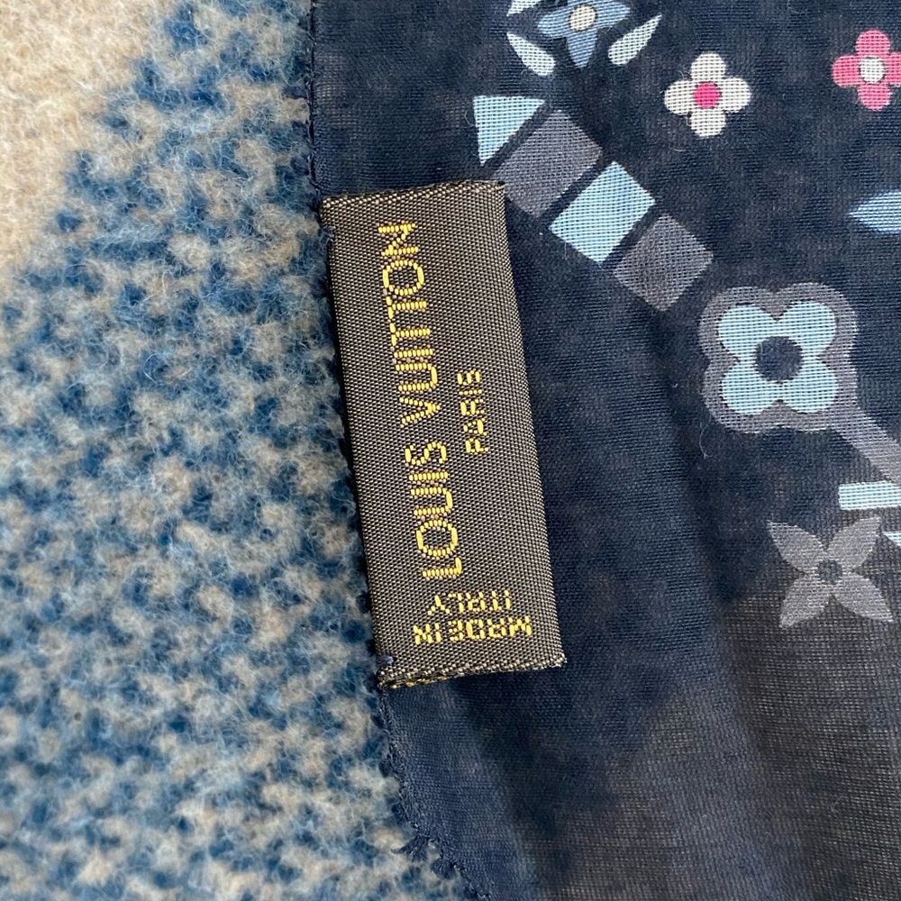 Louis Vuitton Silk Scarf Navy Monogram Floral Print Bandana Style Authentic - Picture 6 of 8